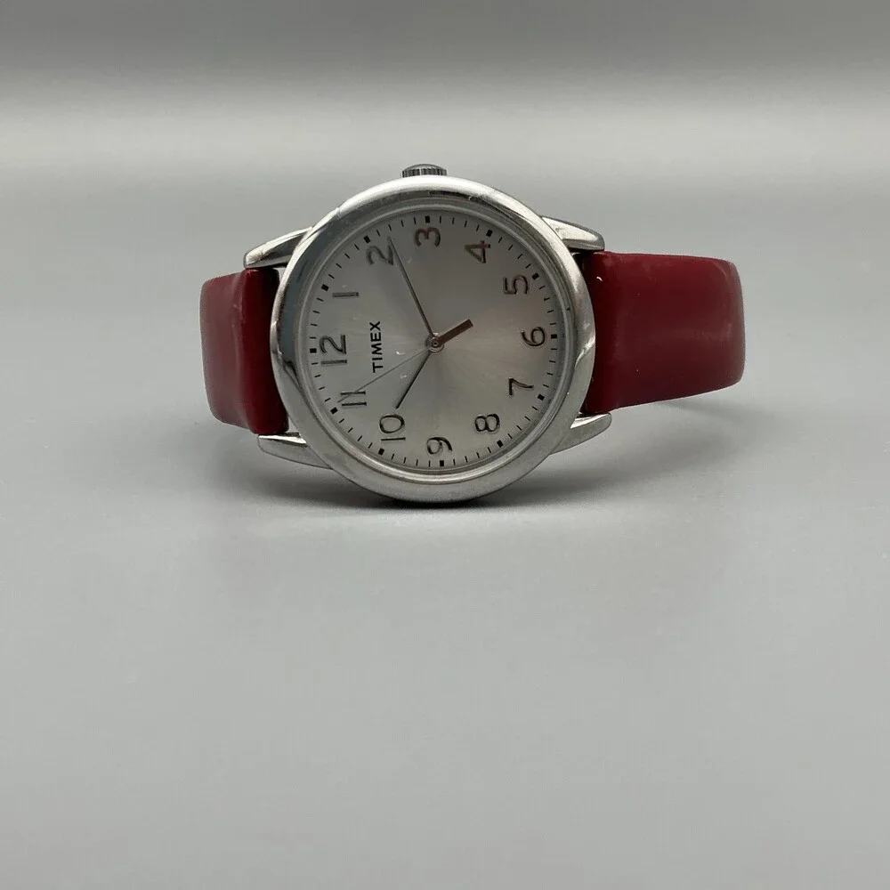 Timex Easy Reader Womens Watch 31mm Silver Tone Red Leather Band New Battery